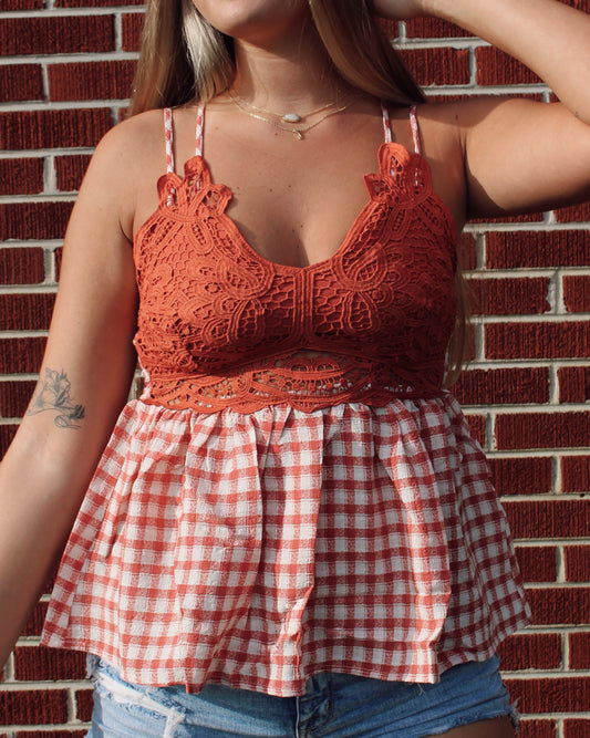 Rust And Lace Gingham Top